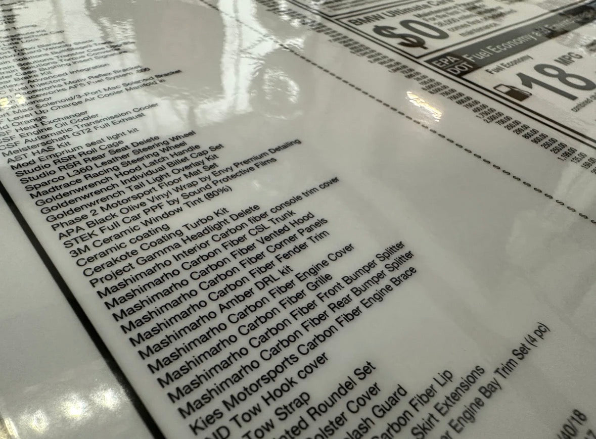 Custom BMW Window Label Monroney (with mods)