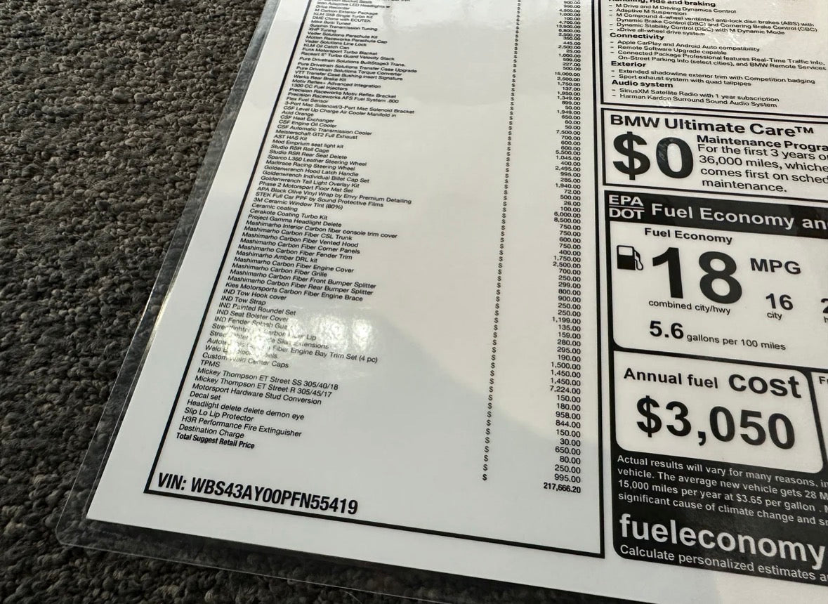 Custom BMW Window Label Monroney (with mods)