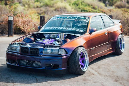 front angled shot of BMW E36 with Custom Wide Body Kit