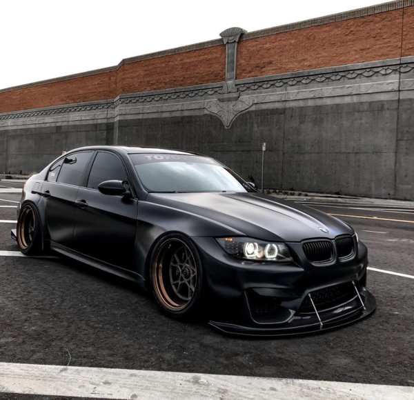 side angled view of BMW E90 with a Custom Wide Body Kit