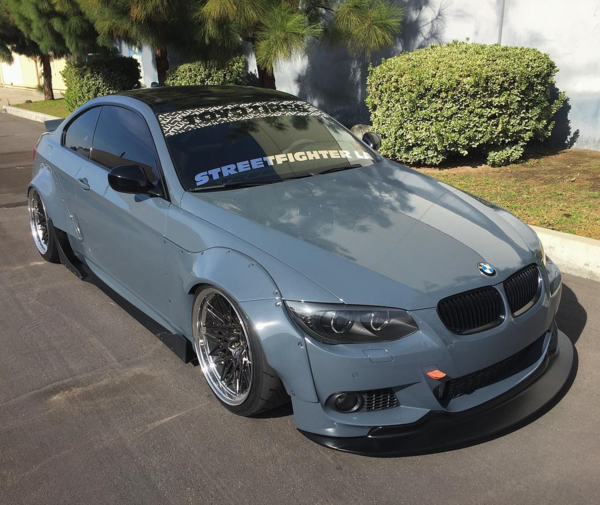 front angled view of BMW E92 with Custom M-Tech Front Lip